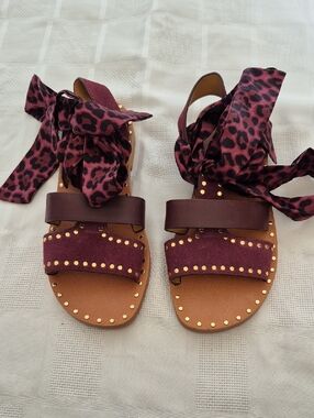 Sandro Burgundy Leopard Tie-Wrap Stud Sandals